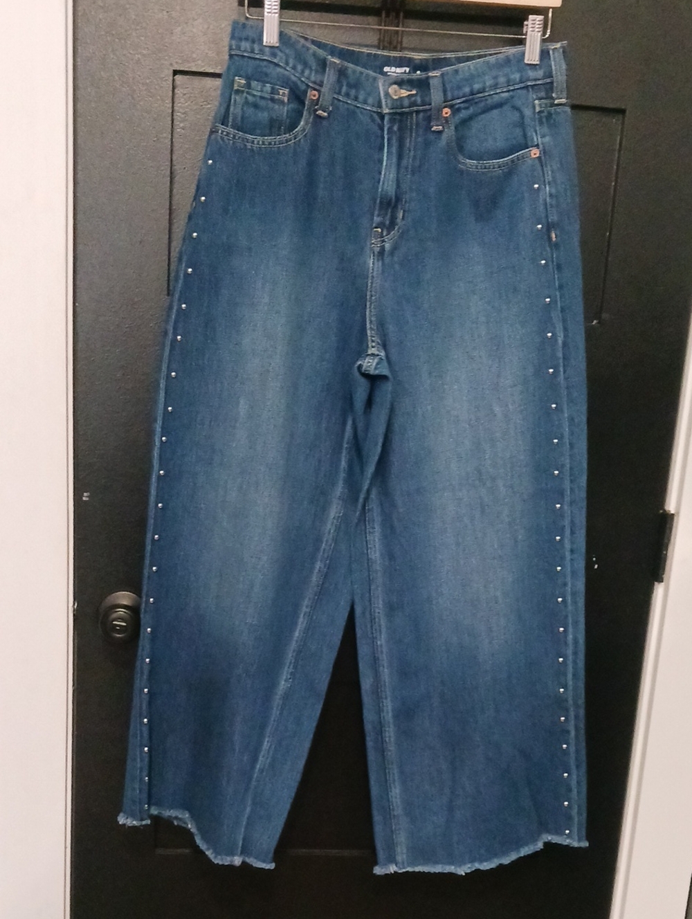 Old Navy High-Rise Baggy ⁹Wide Leg Dark Blue Jeans with Side Stud Detail